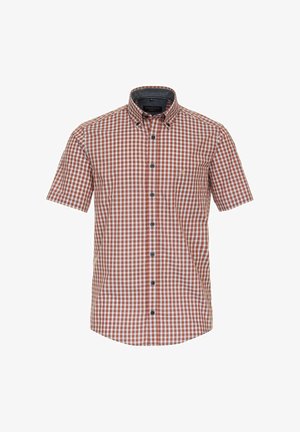 Kortærmet skjorte med et rødt og hvidt ternet mønster, knap-ned krave og marineblå knapper. Lavet af letvægts bomuldsstof.