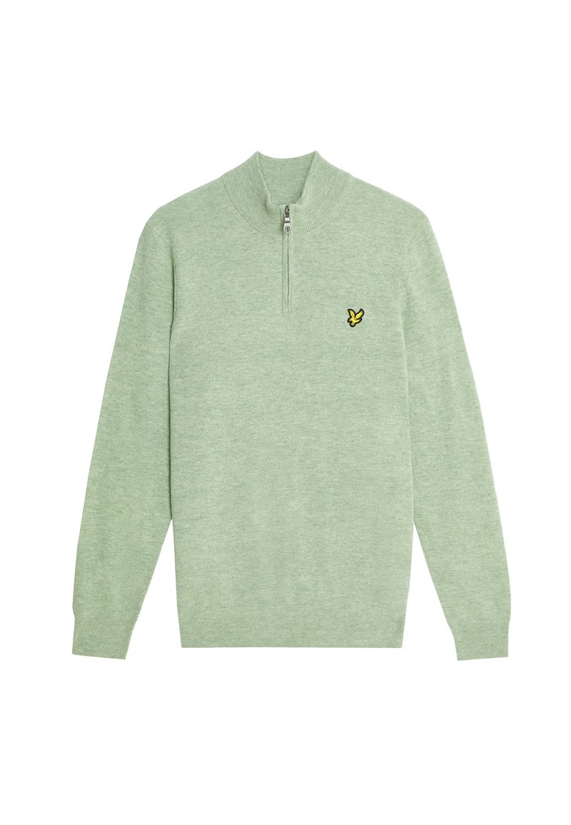 Maglione verde chiaro con collo zip, maniche lunghe e un piccolo logo di una farfalla gialla ricamata sul lato sinistro del petto.