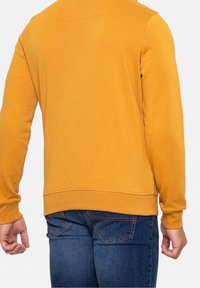 Sweat-shirt jaune à col rond avec manches longues, poignets et ourlet côtelés, et coupe droite. Porté avec un jean bleu foncé, vue de dos.