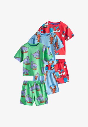 Gyermek rövid ujjú ingek és rövidnadrágok három szettje dínókkal, homárokkal és munkagépekkel zöld, kék és piros háttéren.