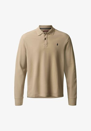 Pika varrukaga polo-särk helebeežist puuvillast, millel on kahe nupuga särkseelik ja väike tumesinine logo rinnal; tekstuuriga kangas ja tavaline lõige.