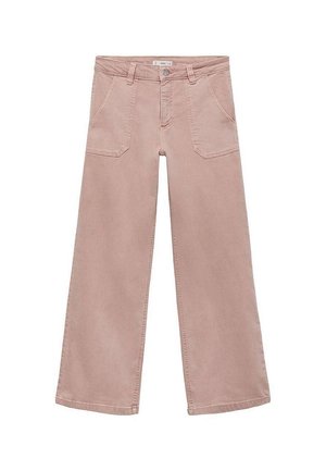 Bukser med vidde i støvet lyserød, med frontlommer, bæltestropper og knaplukning.
