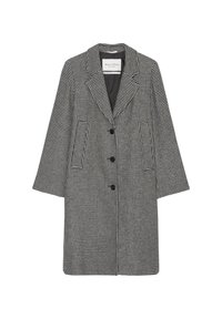 Manteau long pied-de-poule noir et blanc avec trois boutons noirs, revers crantés et poches latérales, avec doublure intérieure noire.