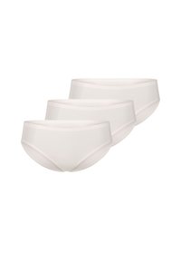 Pakke med tre dameunderbukser i lyse beige, lavet af glat, strækbart stof med klassisk snit og en flad elastisk taljebånd.