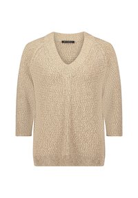 Pull beige en tricot avec un col en V, des manches raglan courtes et une coupe décontractée. Tissu texturé avec des motifs subtils partout.