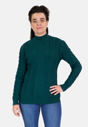 Suéter de punto verde oscuro con un cuello alto, que presenta un patrón de trenzas texturizado. Las mangas largas y el dobladillo acanalado completan el diseño.