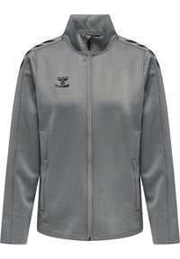 Grå zip-up jakke lavet af glat stof, med høj krave, sidelommer og sort logo på brystet samt sorte accentstriber på skuldrene.