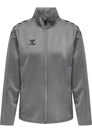 Szara kurtka zapinana na zamek, wykonana z gładkiego materiału, z wysokim kołnierzem, bocznymi kieszeniami oraz czarnym logo na piersi i czarnymi akcentami na ramionach.