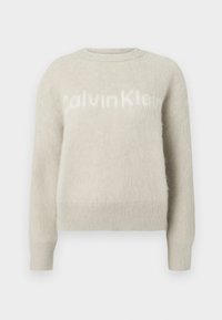 Lichtgrijze trui gemaakt van zachte, gestructureerde stof met een comfortabele pasvorm en een ronde hals. Op de voorkant staat de merknaam 'CalvinKlein' in het wit.