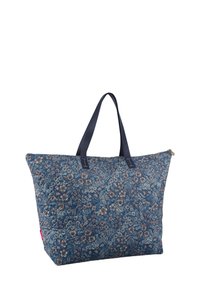 Blauw met bloemenpatroon gestept draagtas met marineblauwe handvatten. Voorzien van een ritsluiting en een ruime indeling voor veelzijdig gebruik.