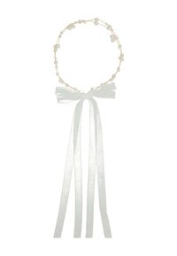 Fascia per capelli con accenti di perle realizzata in filo color oro e nastro blu chiaro, con un fiocco e lunghe code fluenti.