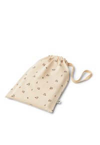 Pochette à cordon en tissu coton beige, ornée d'un motif floral répétitif en pêche et vert. Comprend un cordon contrastant.
