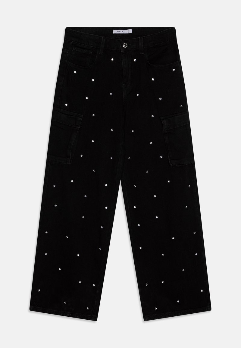Černé cargo kalhoty z bavlny s rozptýlenými stříbrnými ozdobami, s bočními kapsami a volným, širokým střihem.