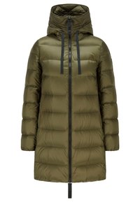 Olivově zelená prošívaná bunda s kapucí, vybavená předním zipem, černými šňůrkami, prošitým vzorem a dlouhými rukávy.