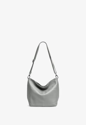 Gray leather shoulder bag with a soft, slightly slouchy shape, featuring a single adjustable strap and minimalistic design.
