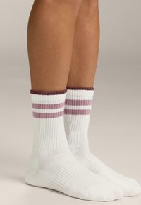Calzini bianchi in cotone con texture a coste, caratterizzati da un polsino color bordeaux e due strisce orizzontali rosa sopra la caviglia.