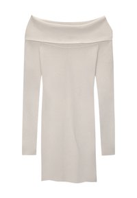 Robe à manches longues décolleté épaules en tissu maille beige doux. Caractérisée par une coupe ajustée, une texture lisse et un design minimaliste.