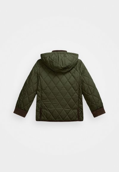 Quilted green jacket with a hood, featuring diamond patterns, brown knit cuffs, and side pockets. Lightweight, water-resistant material.