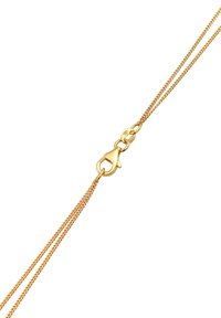 Goldkette mit doppeltem Strangdesign und Karabinerverschluss. Glatte Textur mit glänzender Oberfläche, minimalistisch ohne zusätzliche Akzente.