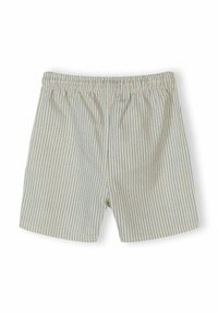 Light beige shorts with thin vertical blue stripes and elastic waistband, laid flat on a white background.