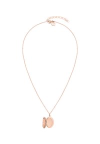 Rozen gouden hangerketting met een ovale locketontwerp. Voorzien van een delicate ketting en een sluiting met een verstelbare lengte.