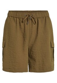 Pantaloni cargo verde oliva realizzati in tessuto testurizzato, con vita elastica e coulisse, e tasche laterali.