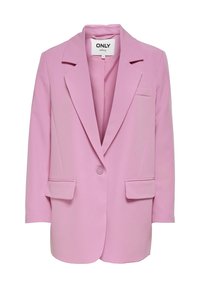Light pink women's blazer with notch lapels, single button closure, flap pockets, and one chest pocket, size medium.
