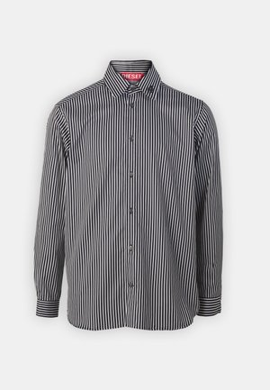 Czarna i biała, paskowana koszula z długim rękawem, z kołnierzykiem zapinanym na guziki i guzikami z przodu; ma solidny czarny mankiet oraz markową etykietę wewnętrzną.