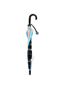 Black umbrella with a curved handle, featuring a geometric design in blue and pink, stored in a transparent cover.