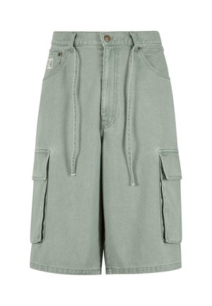 Cargo shorts in light green denim, featuring a drawstring waist, two side pockets, and two large cargo pockets with flaps.