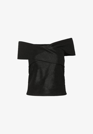 Fekete, pánt nélküli felső, textúrált bordás anyagból készült. Széles, hajtott nyakkal rendelkezik, és testhezálló sziluettje van. Nincsenek látható minták vagy fémalkatrészek.