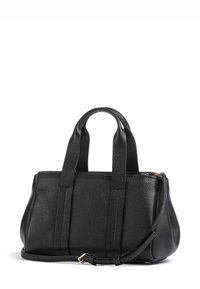 Borsa a mano in pelle nera con superficie testurizzata, doppie maniglie superiori e tracolla staccabile. Presenta una chiusura con cerniera e una forma strutturata.