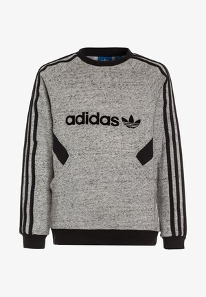 Šedá mikina s černými akcenty. Obsahuje logo Adidas, tři černé pruhy na každém rukávu a strukturovaný design látky.
