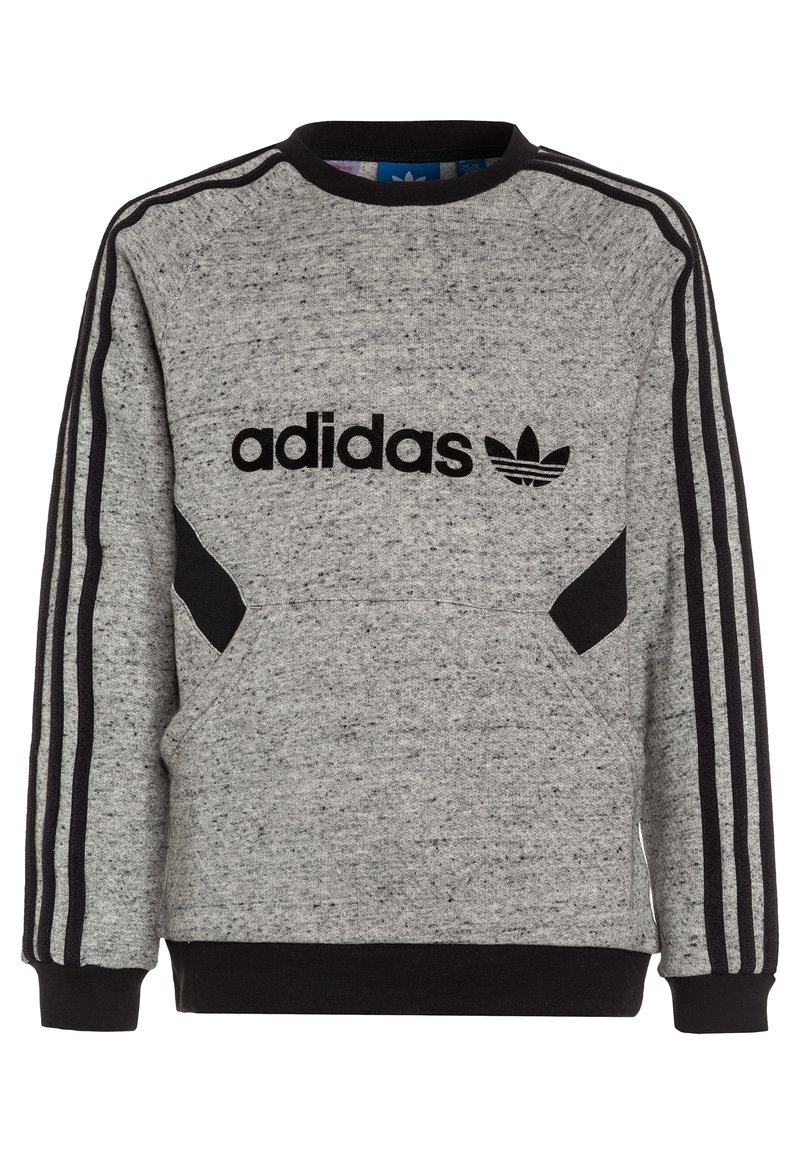Šedá mikina s černými akcenty. Obsahuje logo Adidas, tři černé pruhy na každém rukávu a strukturovaný design látky.