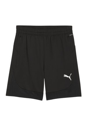 Pantaloni sportivi neri con vita elastica, tasche laterali e un logo bianco in basso a sinistra. Tessuto liscio con un pannello leggermente testurizzato.