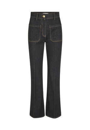 Dunkel denimfarbene, flare Jeans mit goldener Ziernaht, zwei Gesäßtaschen mit bestickten Motiven und einem frontalen Knopfverschluss.