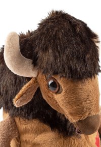 Stuffed bison toy featuring a brown plush body, dark brown, fluffy mane, and soft beige horns. Realistic eyes and textured accents throughout.