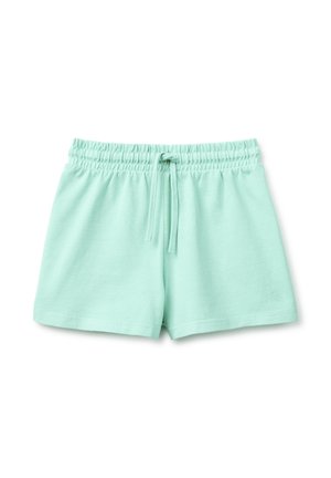 Jasnozielone, miętowe krótkie spodenki casual z elastyczną talią i sznurkiem, wykonane z miękkiego materiału dla komfortowego noszenia.