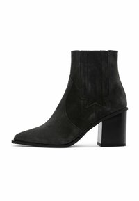 Black suede ankle boot with a pointed toe, textured side detailing, and a chunky black heel. Smooth finish with minimal accents.