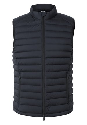 Czarna pikowana kamizelka bez rękawów z przednim zamkiem błyskawicznym i zapinanymi na zamek bocznymi kieszeniami, stojący kołnierz, lekka i ocieplana konstrukcja.