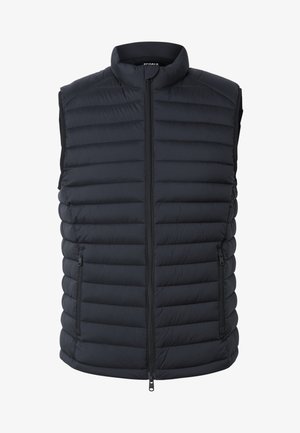 Veste sans manches matelassée noire avec fermeture éclair avant et poches latérales zippées, col montant, construction légère et matelassée.