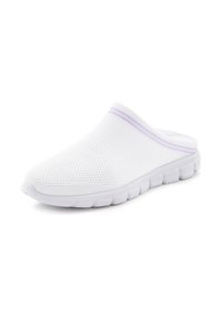 White mesh slip-on shoe with a flexible sole, featuring a textured upper and a subtle purple stripe along the collar.