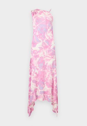 Sleeveless pink and white marble-patterned dress with an asymmetrical hem and one shoulder strap.