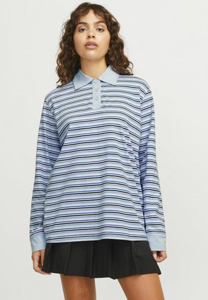 Long-sleeve polo shirt in light blue with horizontal stripes in various shades of blue and black; features a collared neckline and button placket.