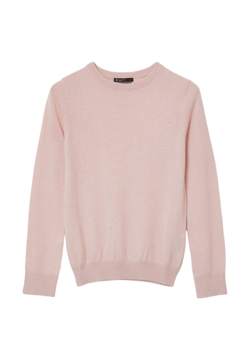 Pull en tricot rose clair avec un col rond, des manches longues et un ourlet côtelé. Texture douce; sans motifs visibles ni détails en métal.