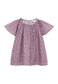 Vestito a maniche corte svasato in tonalità rosa con motivo geometrico a stella, scollatura elastica e chiusura con bottone sul retro, realizzato in tessuto leggero.