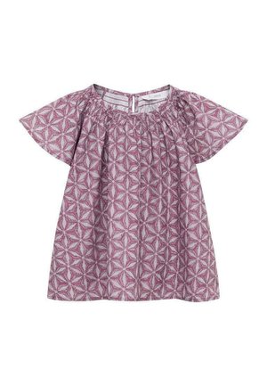 Robe évasée à manches courtes en teintes roses, présentant un motif géométrique d'étoiles, un col élastique et une fermeture à bouton dans le dos, le tout en tissu léger.
