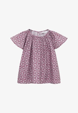 Rochie scurtă cu mâneci scurte, în nuanțe de roz, cu un model geometric de stele, guler elastic și închidere cu nasture la spate, fabricată dintr-un material ușor.