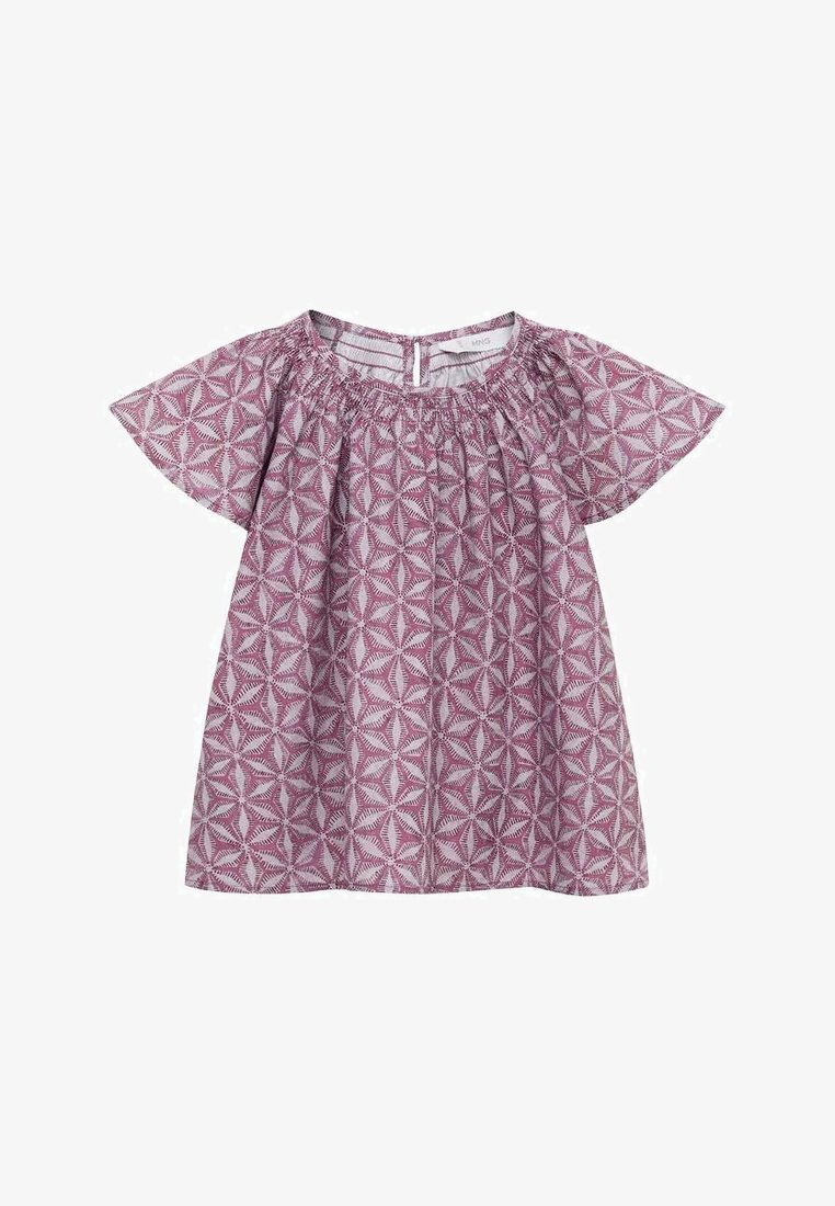 Vestito a maniche corte svasato in tonalità rosa con motivo geometrico a stella, scollatura elastica e chiusura con bottone sul retro, realizzato in tessuto leggero.