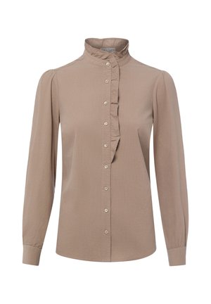 Beige Langarmbluse mit hohem gerafftem Kragen und durchgehender Knopfleiste mit dezentem Rüschen-Detail entlang der Knopfreihe.
